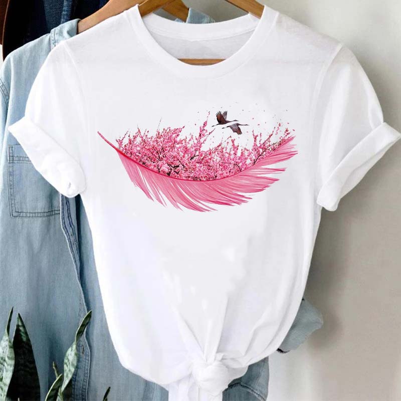 Women's T-shirt Watercolor Feather Graphic Printed T Shirt Women Short Sleeve Tshirt 90s Streetwear Female Clothes Tops