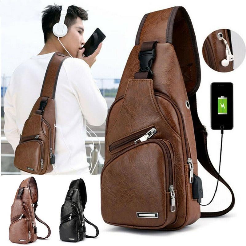 Cheap Mens Leather Shoulder Bag Sling Chest Pack USB Charging Crossbody