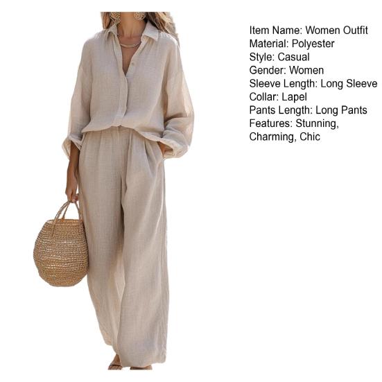Damen Casual Zweiteiler Outfit Langarm Button-Down T-Shirt und Weitbein Hose Set Herbst Frühling Lounge Set