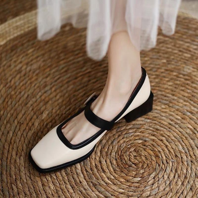New Women's Shoe Patch Base Shoes Square Toe Formal Shoes Mid Heel Elegant Women's Shoes Round Buckle Designer