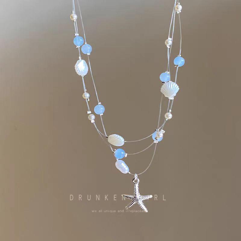 Seaside vacation~ Starfish shell dopamine stacked collarbone chain Island style neck chain accessories