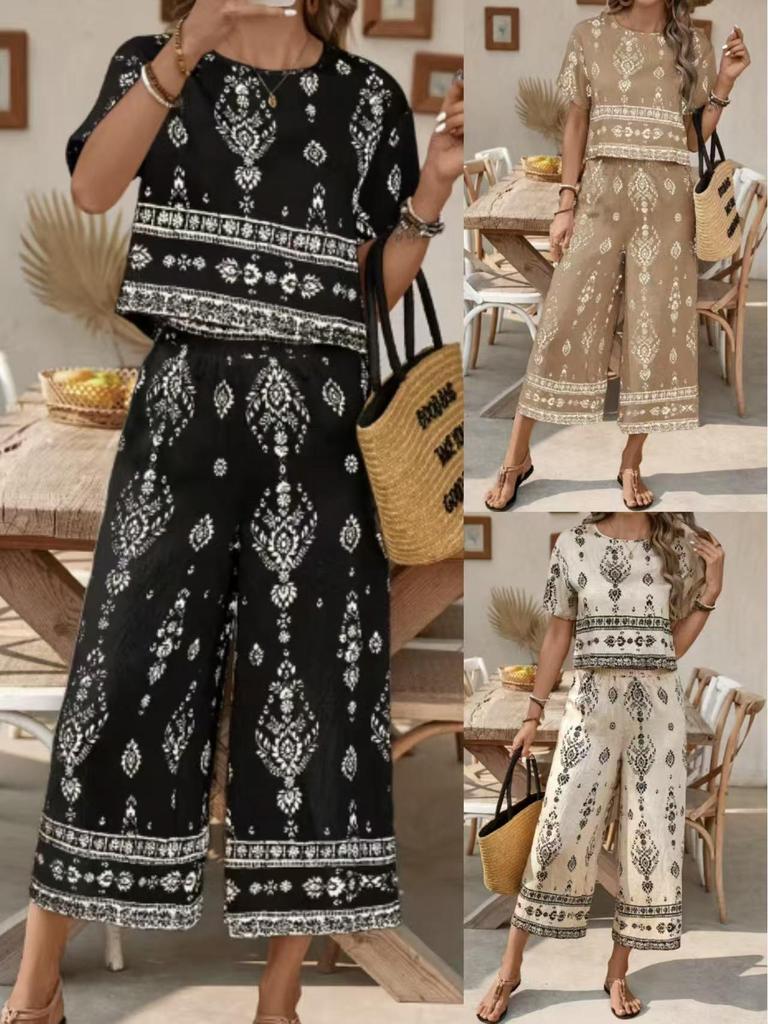 Elegant Color Block Ethnic Print Top & Straight Leg Pants Set for Women