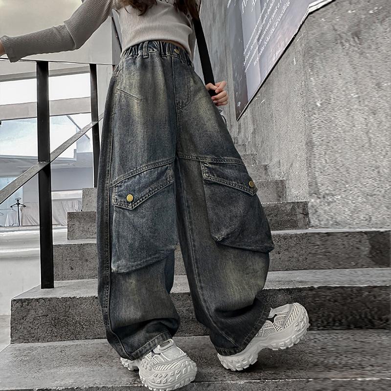 Kids Designer Vintage Gray Jeans for Girl Streetwear Y2k Baggy Denim Cargo Pants with Pocket Young Lady Child Jeans Trousers