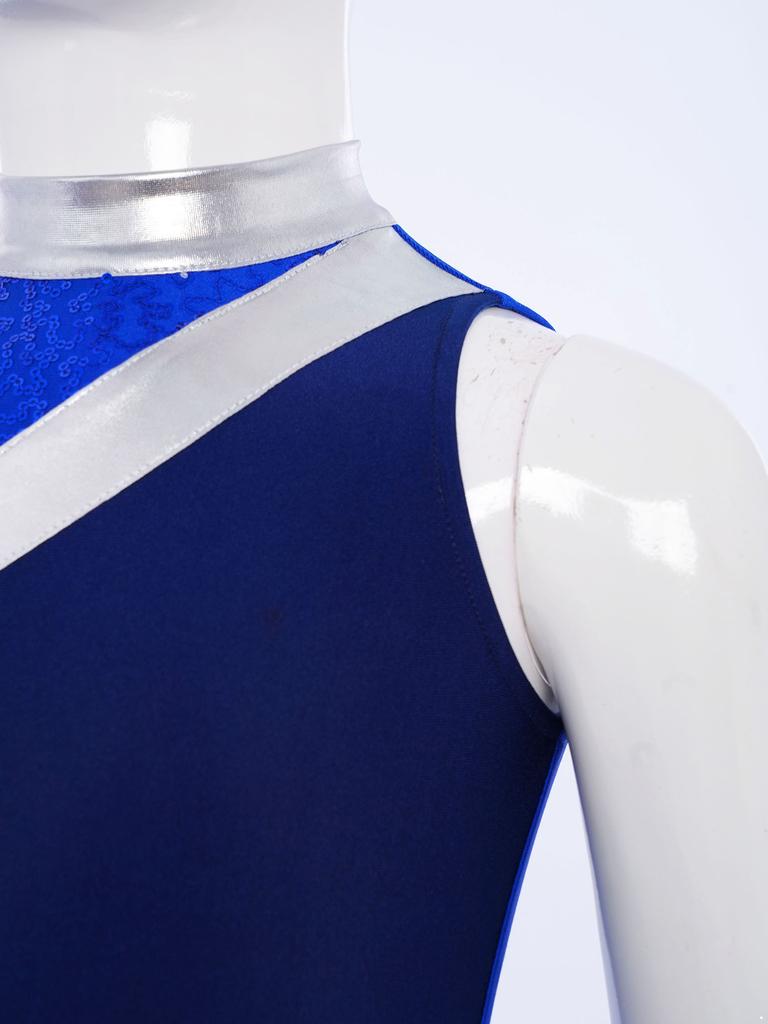Kids Girls Stage Performance Jumpsuit: Mock Neck Shiny Sequins Color Block Asymmetrical Cut with Back Invisible Zipper