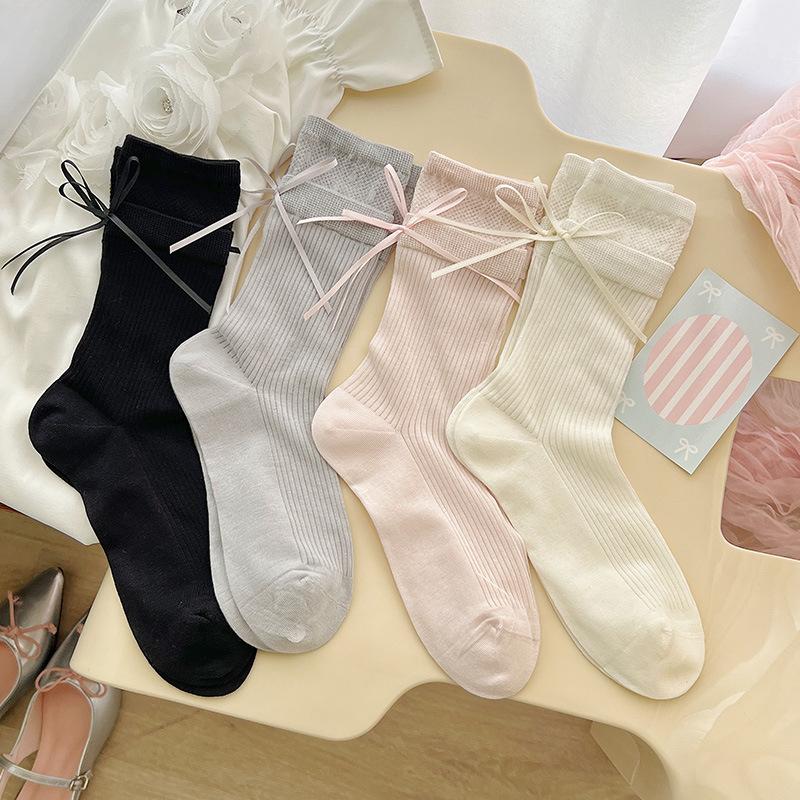 Female Spring and Summer Thin Heel Bow Ballet Style Solid Color Boneless Tube Stack Socks