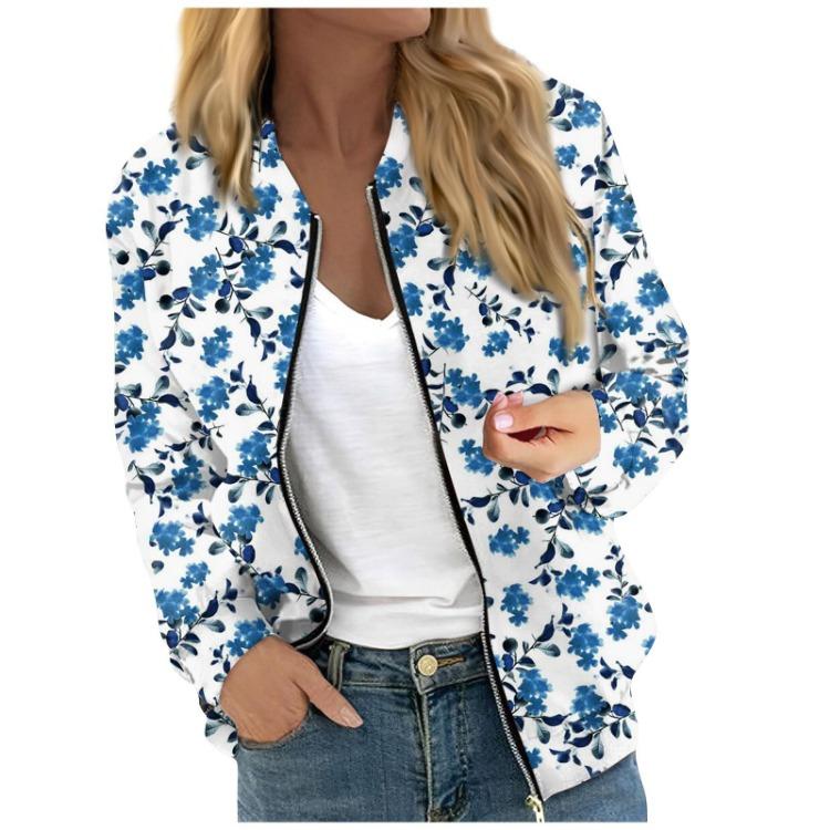 Fashionable Women Long Sleeve Casual Jacket Floral Leaf Print Round Neck Zipper