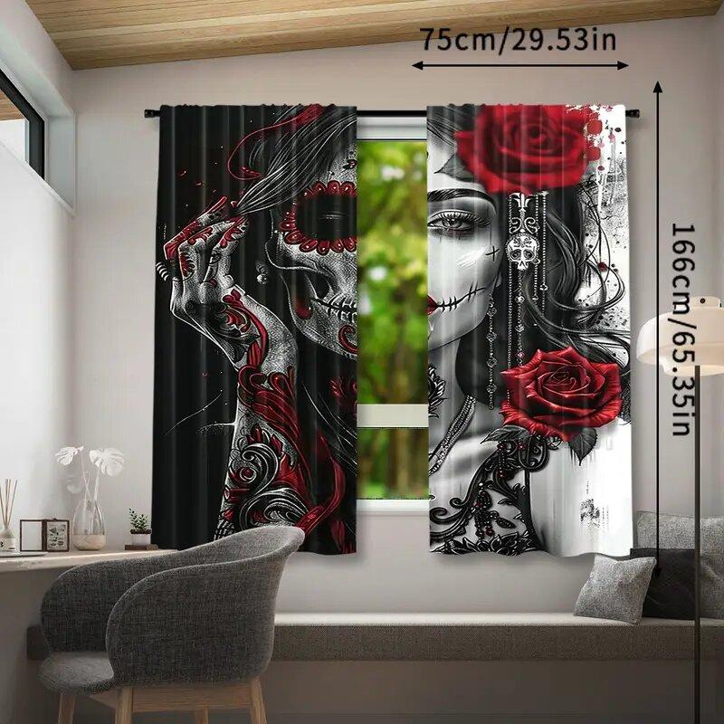2pcs Gothic skeletons and red roses printed curtains   pole bag curtains   bedroom living room   home decoration   room decoration