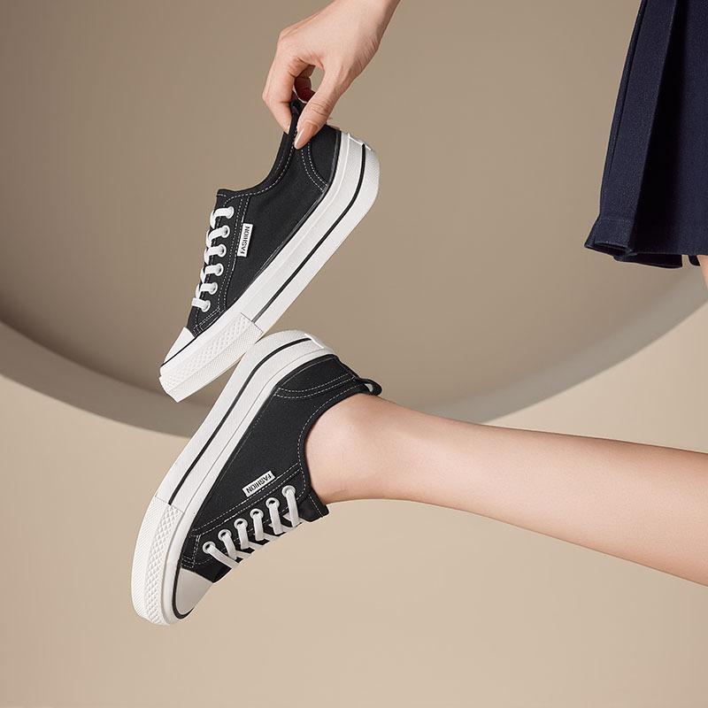 Summer canvas shoes new women's one-pedal round head lace-up non-slip thick-soled casual board shoes