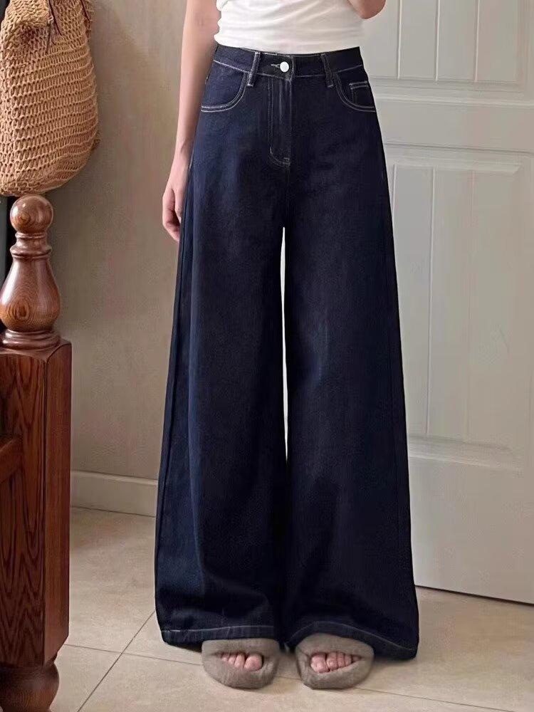 Women's Plus Size Dark Blue Retro Wide-Leg High-Waisted Jeans - Autumn/Winter Straight-Leg Floor-Length with Plush Lining