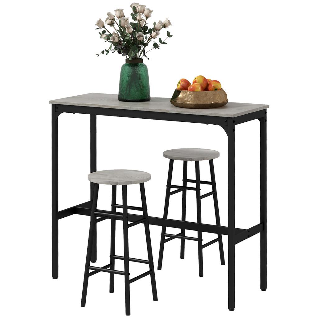 3 Piece Bar Table Set with 2 Stools, Industrial Bar Table and Stool Set, Dining Table and Chair Set, Grey