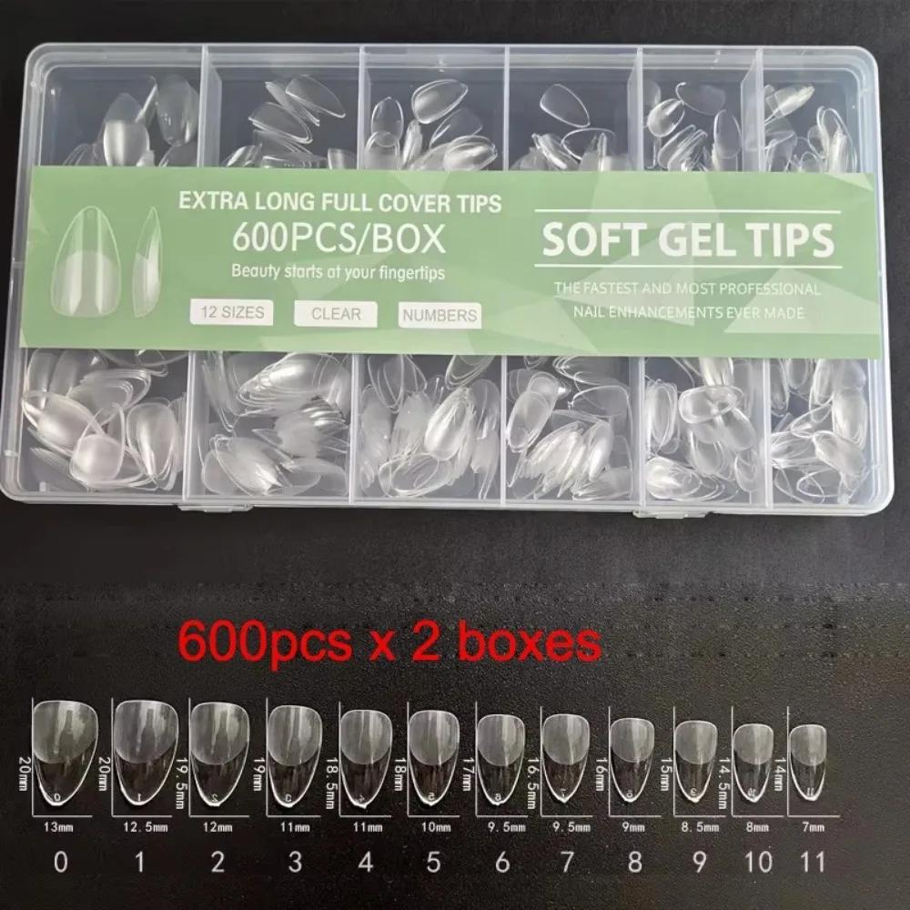 600 mjuka gel-lösnaglar, korta fyrkantiga, kistaformade, mandelformade, lösnaglar i ark-stil