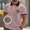 Lion Emblem Short Sleeve Polo Shirt, Casual Men's Collared Top for Daily Wear