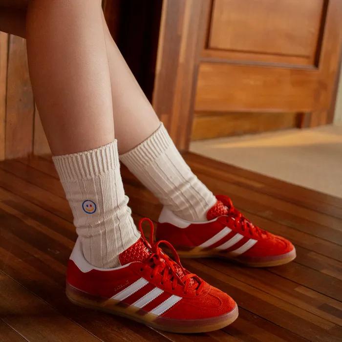 Knit Socks with Smile Embroidery - Beige
