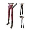 Artificial Leather Leggings High Waist Button Closure Matte Elastic Pencil Pants with Pockets Solid