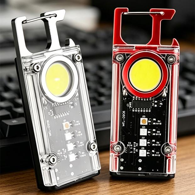 Multi-mode Mini Work Light, Durable Keychain LED Flashlight with Back Clip Magnet Red Blue Warning Strobe Light