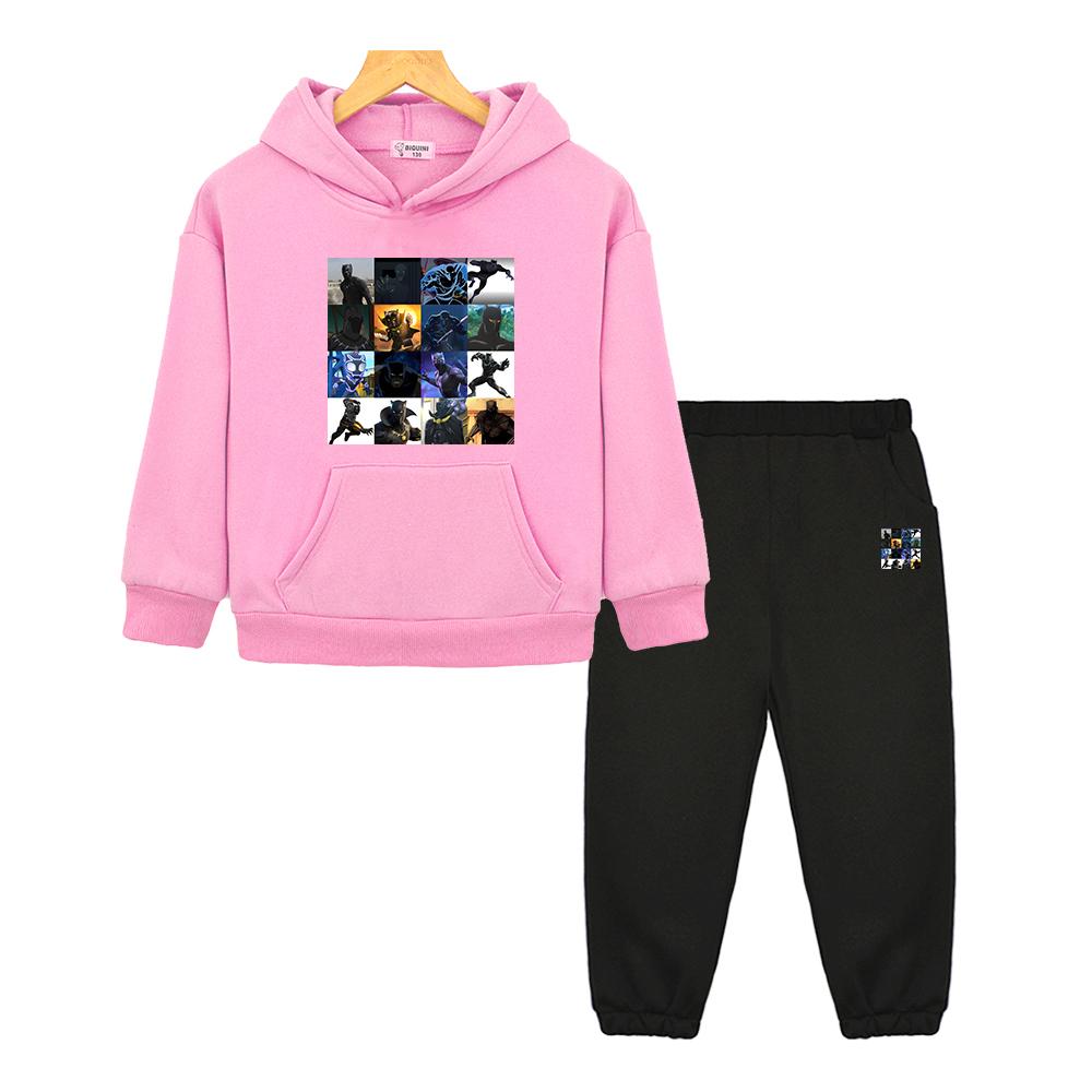 

мальчик девочки Спортивные костюмы с капюшоном Черная пантера Осень толстовка Флисовая толстовка Куртка Каваи 2 шт. пуловер+Брюки детская бутиковая одежда 130 розовый