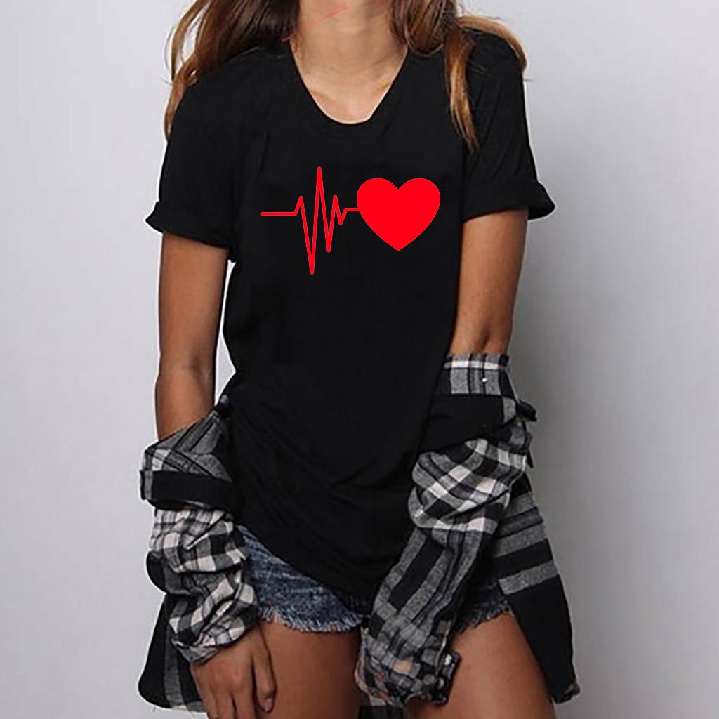 Fashion Women's Loose Short-Sleeved Heart Print T-Shirt Casual O-Neck Top