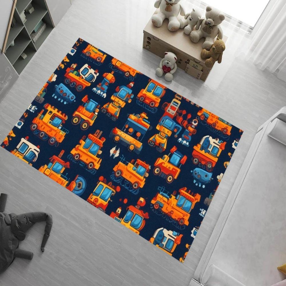 Cute Cartoon Vehicle Construction Car Area Rug Kids Dinosaur Bus Print Carpet Non-Slip Washable Floor Mat for Playroom Bedroom