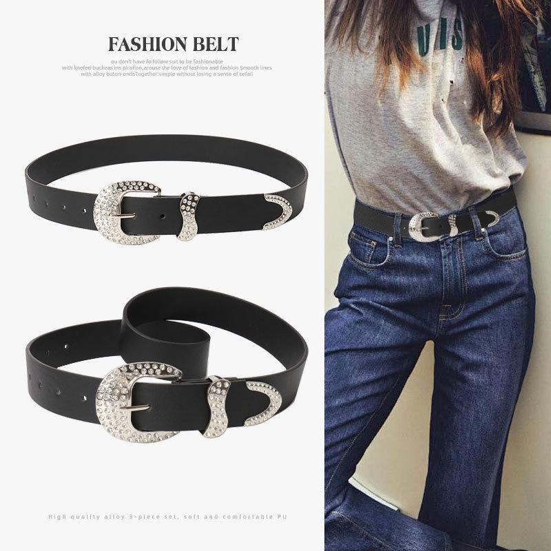 New rhinestone alloy three-piece black belt women's American millennial style personalized versatile jeans women's belt