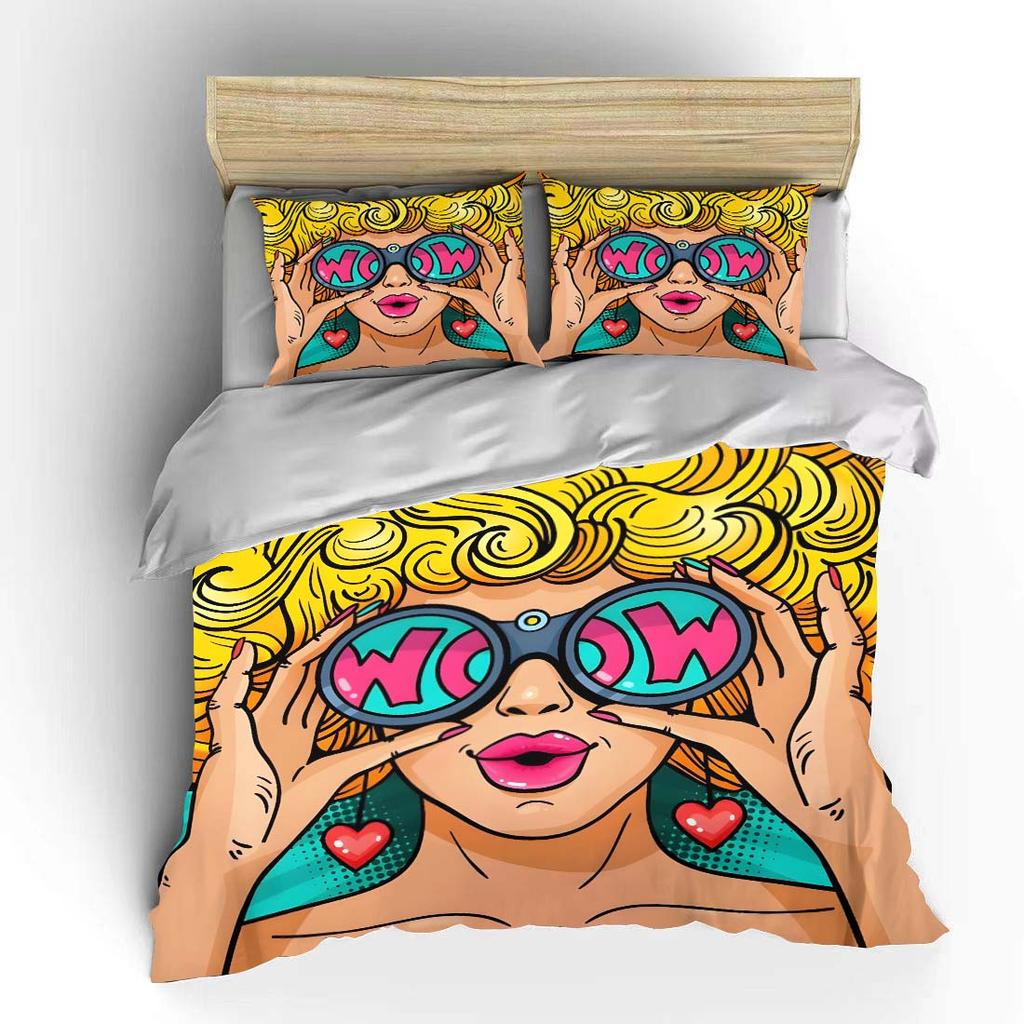 Retro Pop Art Woman with Glasses Bedding Set for Kids Luxury Gift 3pcs Digital Print Comforter Set Soft Comfortable Breathable