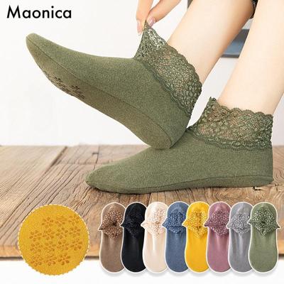Women Autumn Winter Socks Warm Thicken Thermal Soft Solid Color Socks Wool Cashmere Snow Boots Velvet Lace Home Floor Sock