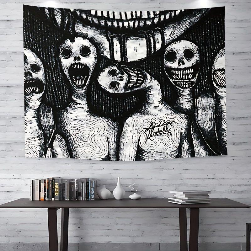 Gothic Horror Tapestry Monochrome Creepy Skull Human Body Sketch Wall Blanket for Grunge Dorm Decor