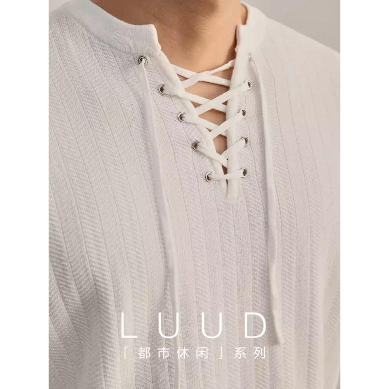 Men V Neck Drawstring Solid Long Sleeve Casual Knit Sweater