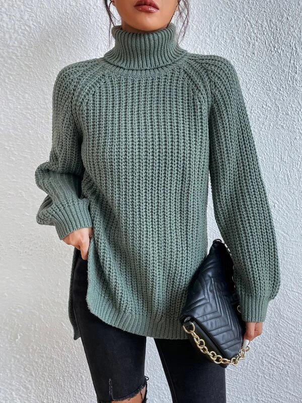 2026 Autumn/Winter Women's Knitted Mid-Length Raglan Sleeve High Turtleneck Slit Sweater Dress