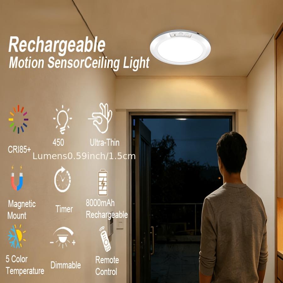 LED Motion Sensor Ceiling Light Rechargeable Smart Night Lamp Wireless Dimmable Round Flush Mount Fixture for Home