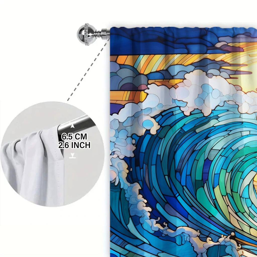 2pcs Stained Glass Waves Printed Curtain for Home Decor - Rod Pocket Window Treatment for Bedroom, Office, Kitchen