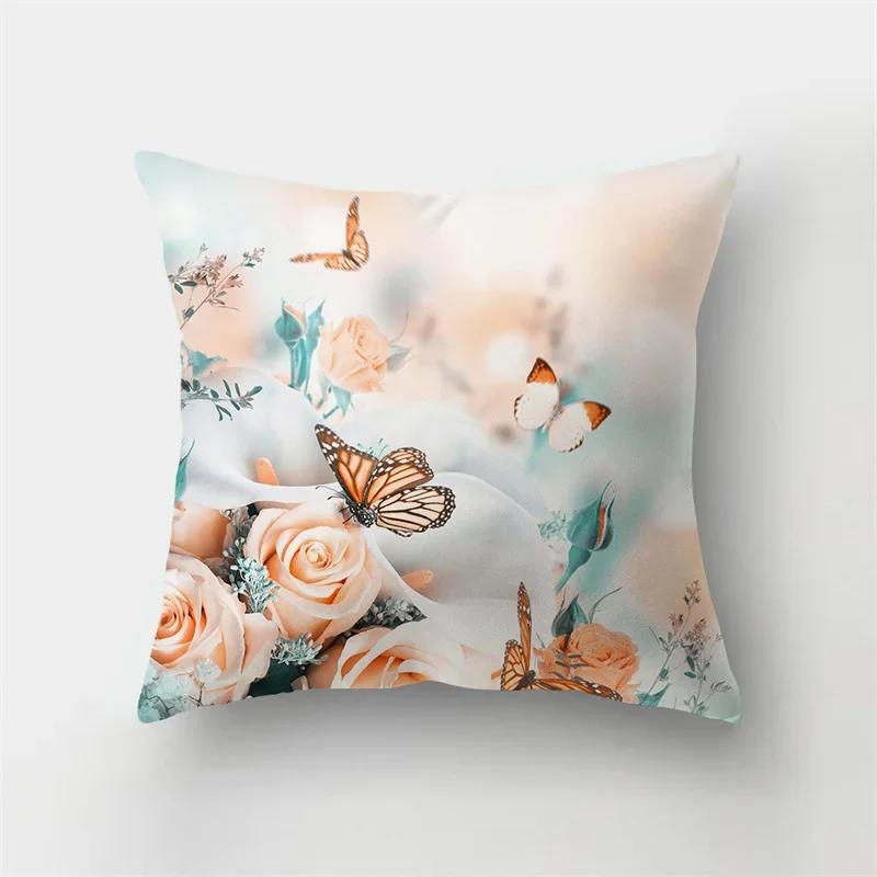 Colorful Butterfly Plant Printing Pattern Cushion Cover for Home Living Room Sofa Office Decoration Throw Pillow
