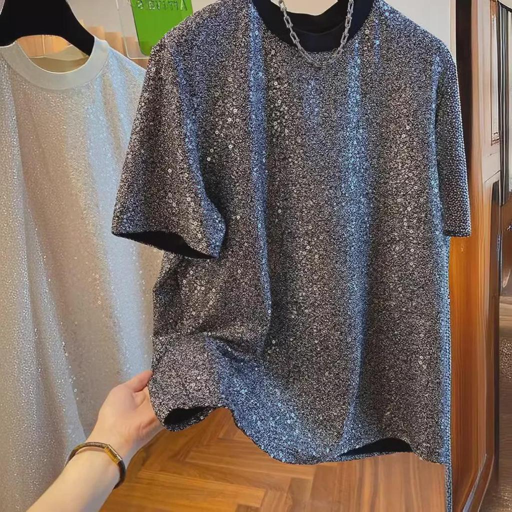 Men's Chic Sequin Silk T-Shirt - European Loose-Fit Short Sleeve Design