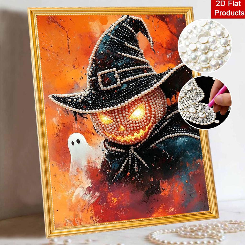 DIY Frameless Pearl Bead Painting Kit Halloween Pumpkin Ghost Sparkling Canvas Art Creative Gift for Craft Lovers