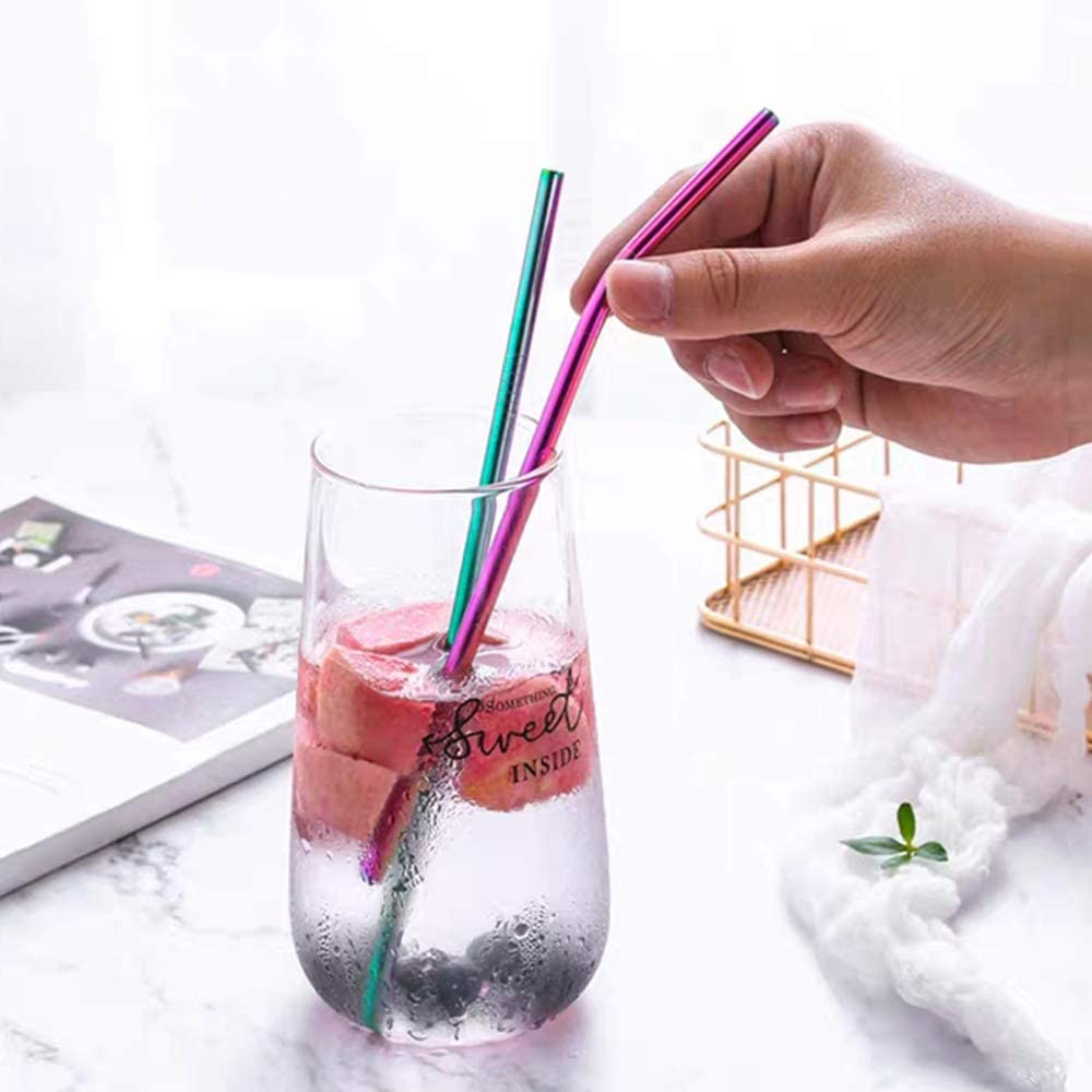 8Pcs Colorful Reusable Metal Straw High Quality 304 Stainless Steel Straws Set with Cleaner Brush Bar Party Drinking Straws