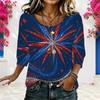 Women Plus Size Round Neck Half Sleeve Red White Blue Printed Loose Curved Hem Blouse