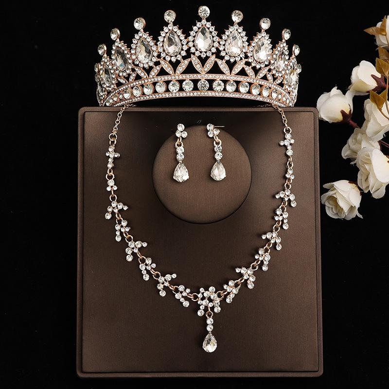 DIEZI Princess Bridal Rose Red Crystal Crown Tiara Women Girls Wedding Party Rhinestone Tiaras Necklace Earrings Jewelry Sets