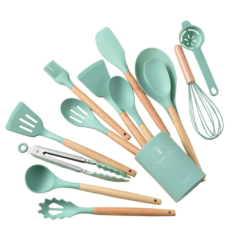 Silicone Kitchen Utensil Set Cooking Spatula Spoon setBaking Tools 14pcs Khaki