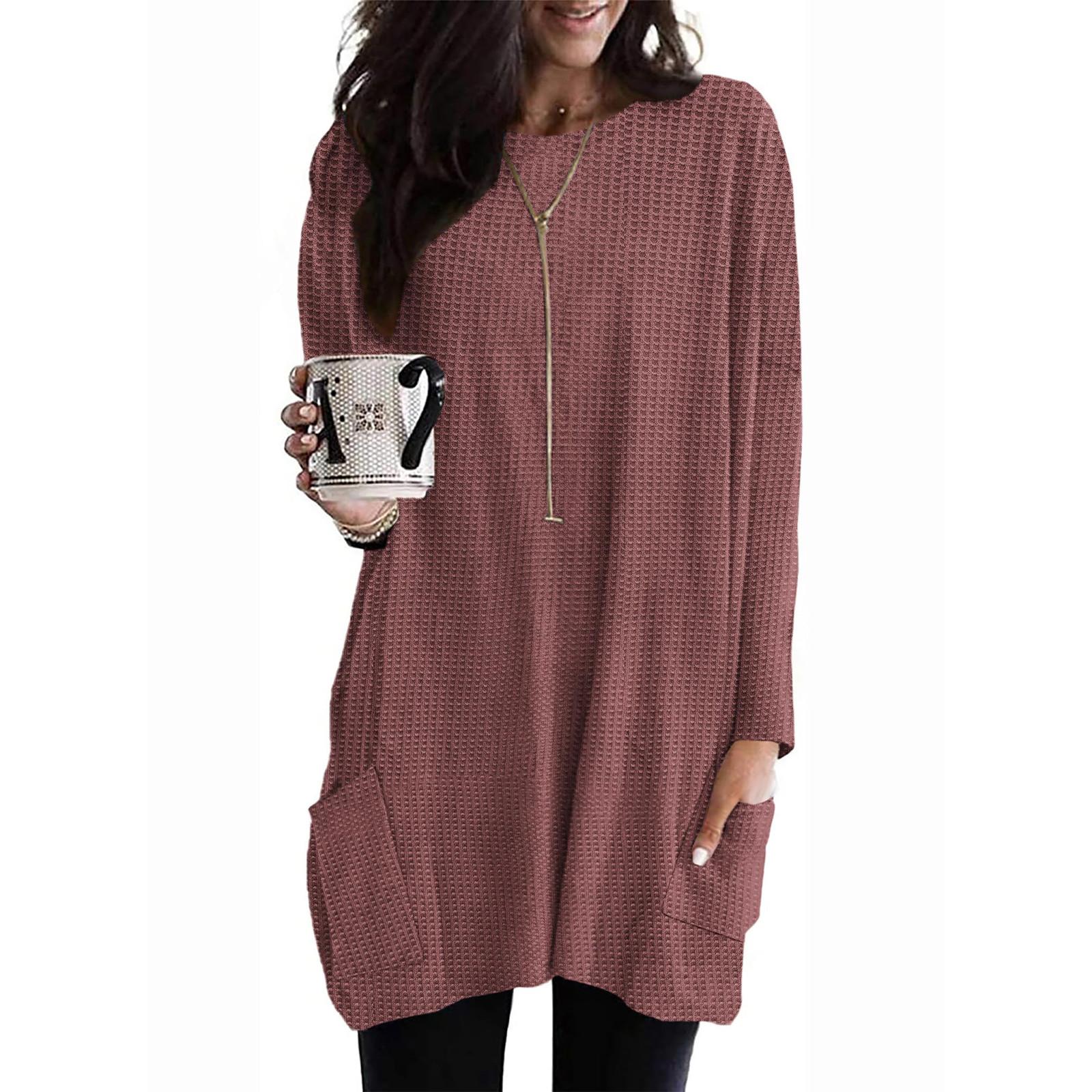 

Women s Fashion Round Neck Pocket Mid-Length Casual Solid Color Long Sleeve Top XXL рожевий