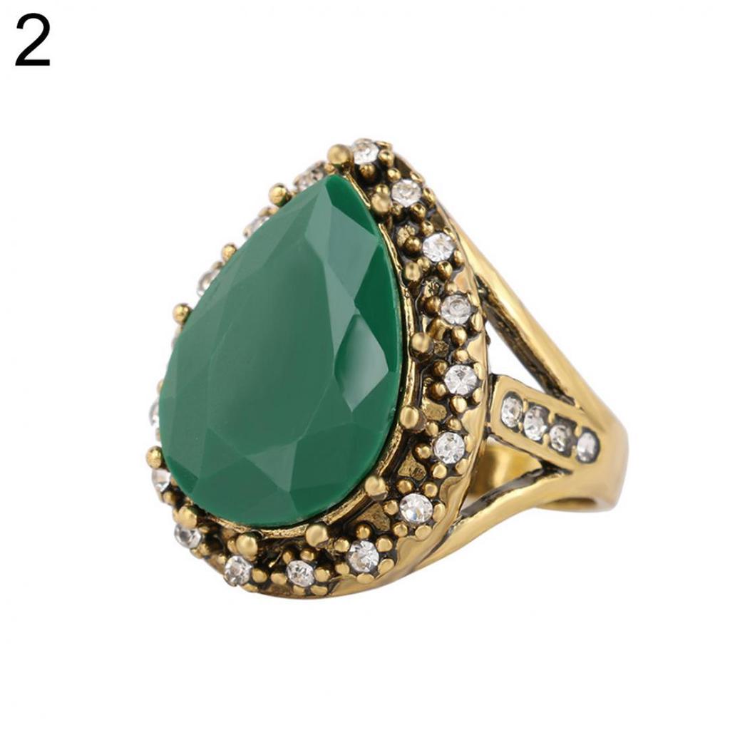 Bague Femme Vintage Ethnique Incrustée Strass Brillants Forme Goutte d'Eau Bijoux ARI