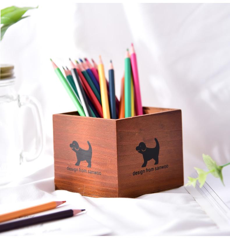 Creative Cartoon Wooden Pen Holder, Simple Wooden Succulent Flower Pot for Groceries, Desktop Finishing and Storage Box.