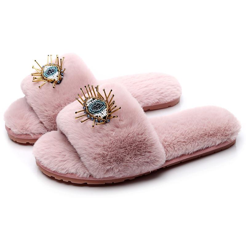 Fashion String Bead Cute Eye Cotton Slides Fashion Rabbit Plush Slippers Women Black Flip Flops Indoor Soft Sole Outside Pantuflas Danno
