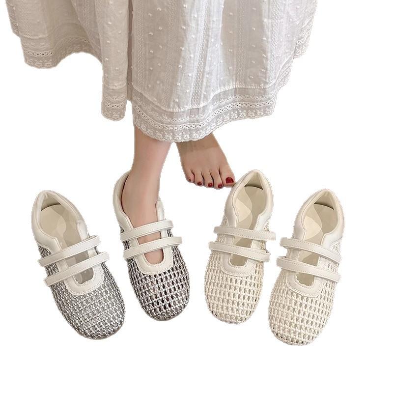 Niche Retro Woven Shallow Mouth Single Shoes Women's 2025 New Summer Mesh Breathable Soft Sole Casual Mary Jane Shoes Women