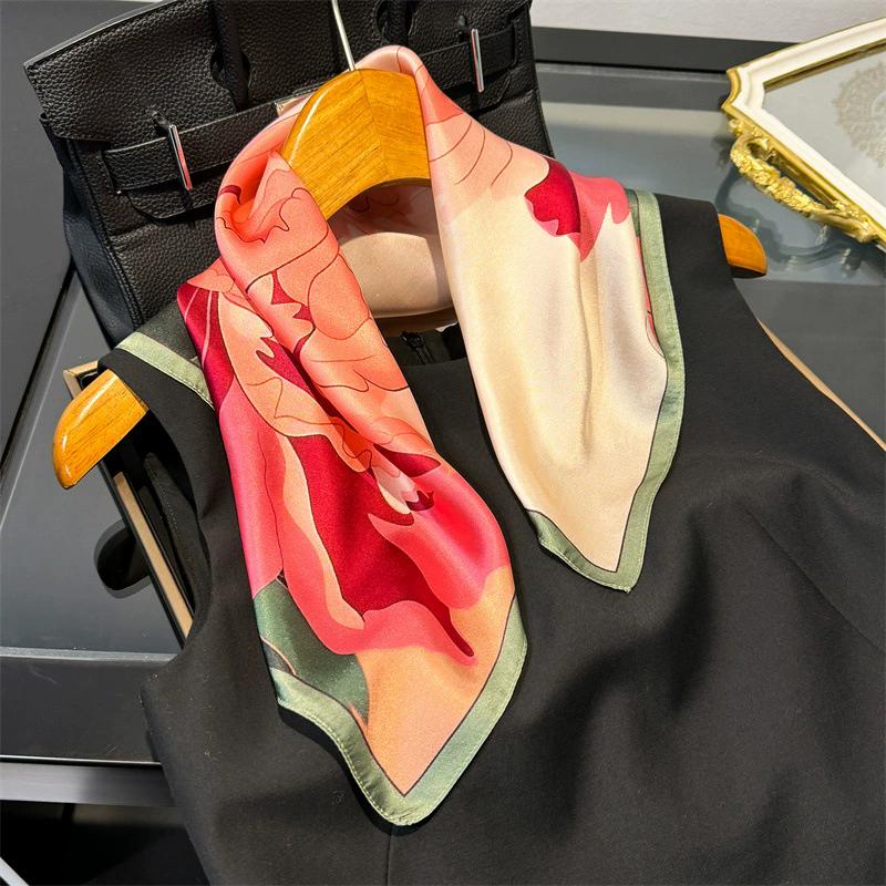53cm Square Scarf 100% Pure Real Silk Scarves for Women Foulard Fashion 2025 Floral Brand Print Shawls Hijab Bandana Headband