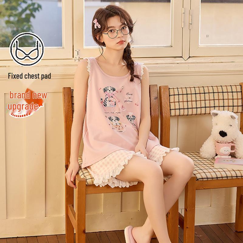 2026 Women's Summer Cotton Pajama Set with Built-in Bra, Cute Cartoon Tank Top & Shorts for Indoors and Outdoors