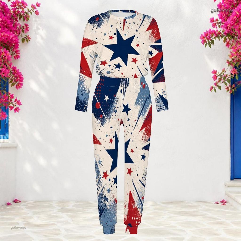 Women Plus Size Round Neck Long Sleeve Navy Printed Two Piece Set Cuffed Top Cuffed Pants With Pockets