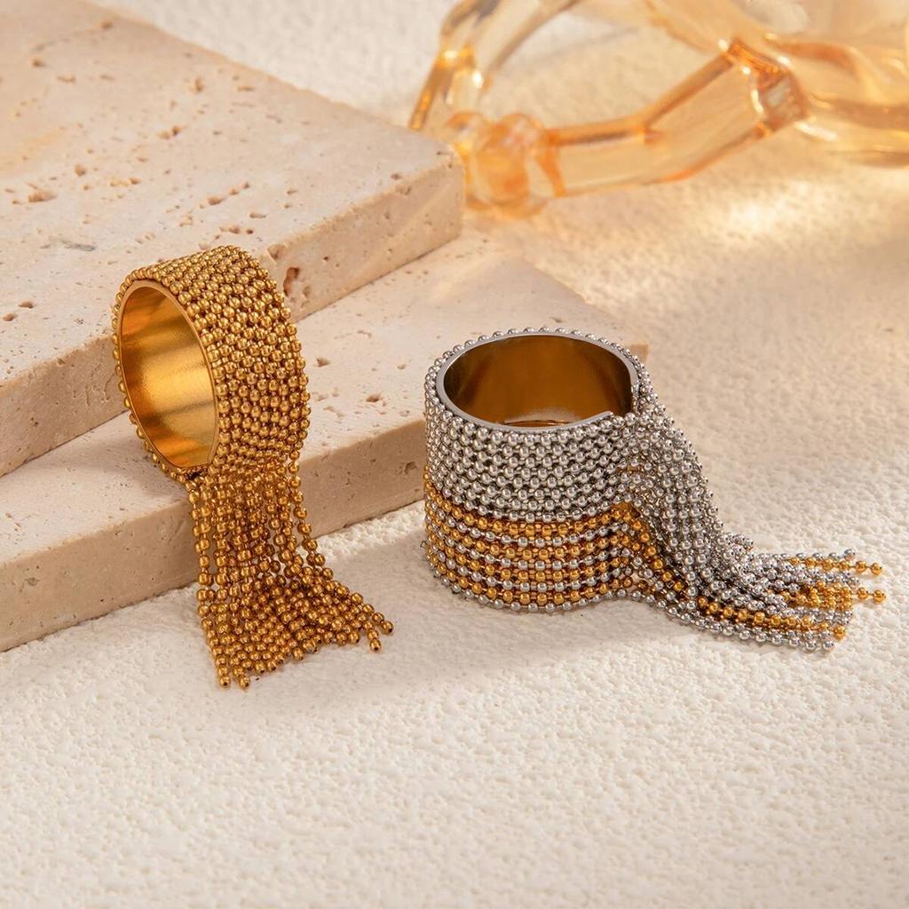 SHIXIN Fashion Stainless Steel Long Tassel Chain Open Rings for Women Charm Hip Hop Geometric 18K Gold Plated Wide Ring Jewelry
