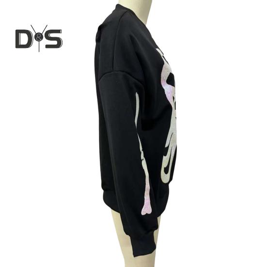 Women Sweatshirt Skeleton Pattern Round Neck Sequin Decor Long Sleeves Loose Elastic Cuffs Pullover Sport Daily Wear Fall Spring Top