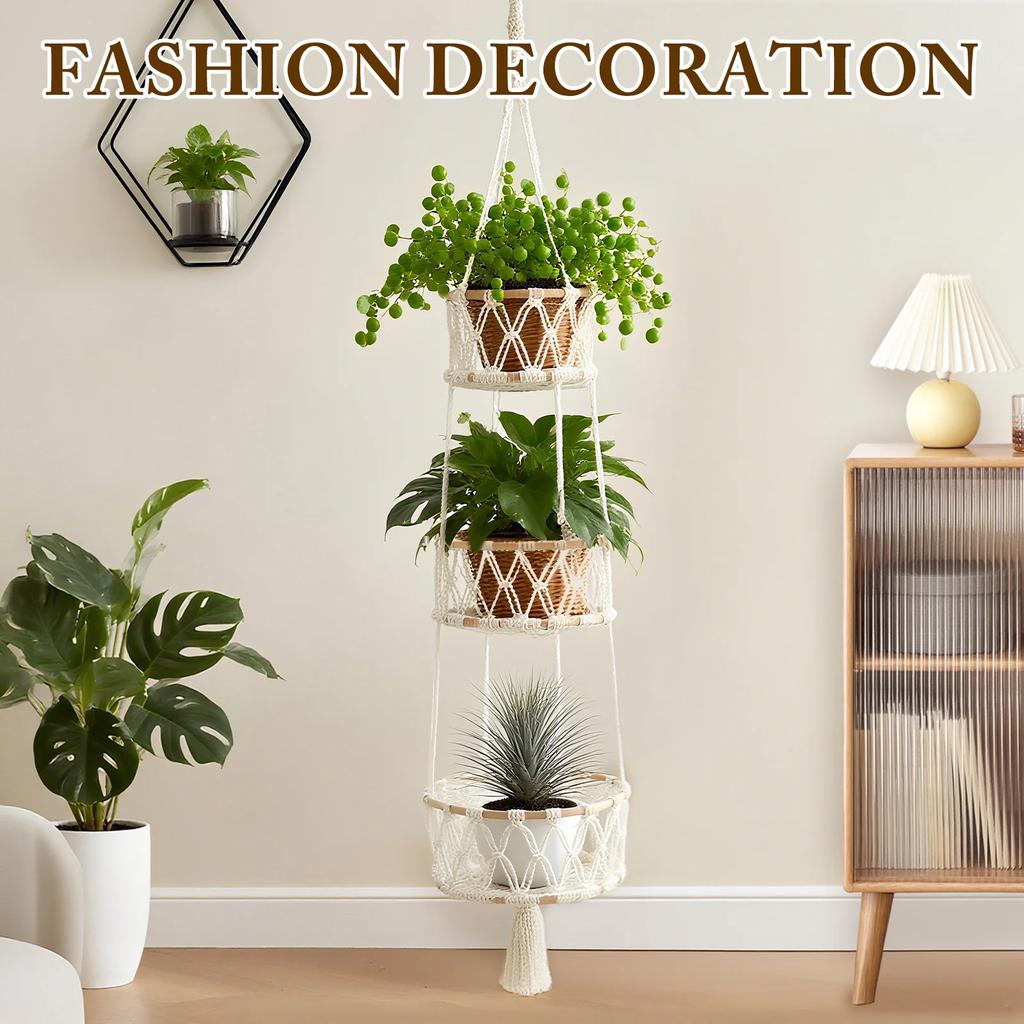 3 Tier Hanging Fruit Basket Handmade Woven Hanging Storage Basket Flower Pot Planter Hanger Garden Decoration Kitchen Basketry