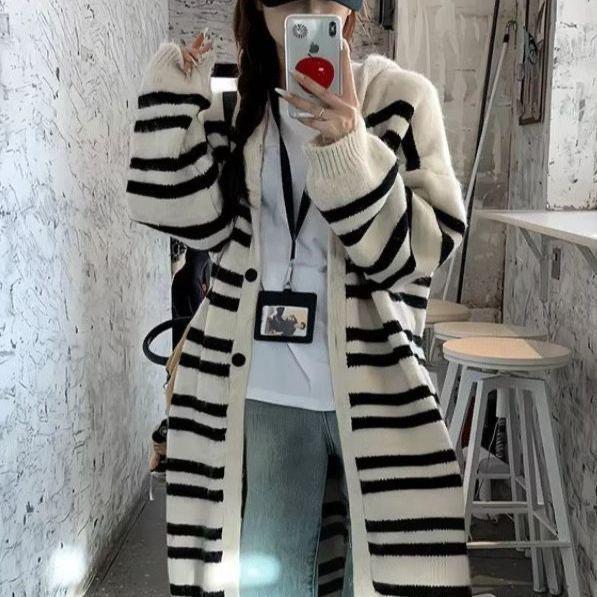Korean Style Striped Hooded Cardigan - Autumn/Winter 2025 Mid-Length Loose Fit Sweater