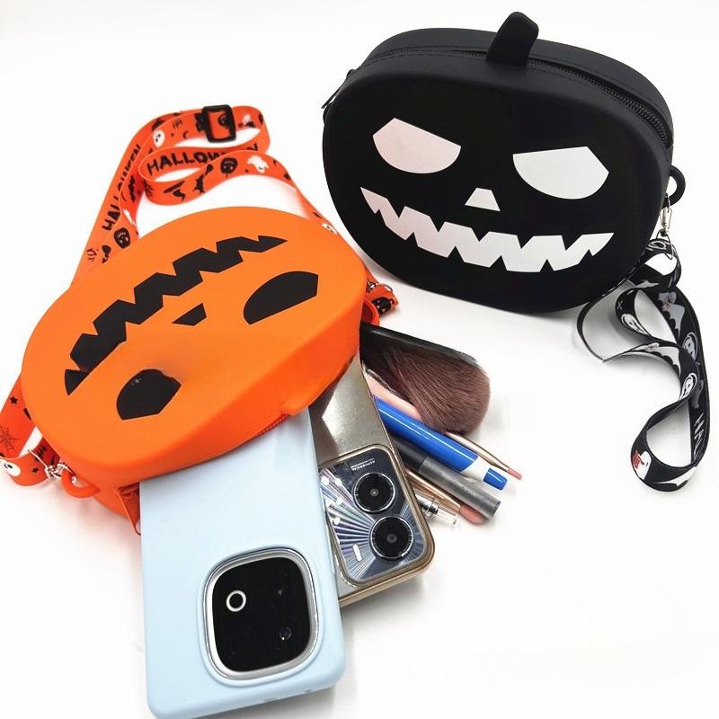Halloween Pumpkin Silicone Crossbody Bag Waterproof Pumpkin Makeup Storage Purse With Ghost Printed Strap Party Cosplay Bag